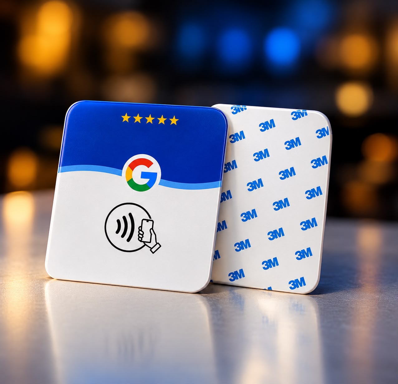 Google yorum NFC kartı ön ve arka yüz, 3M yapışkan bant