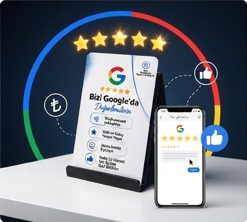Standlı NFC kart ve telefonda açılan Google yorum ekranı