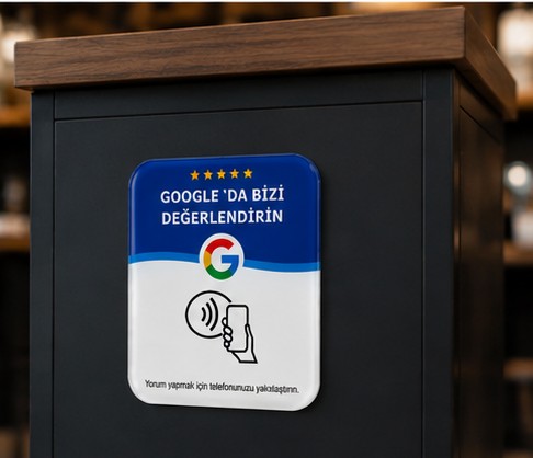 Tezgahın yan yüzeyine yapıştırılmış NFC yorum etiketi